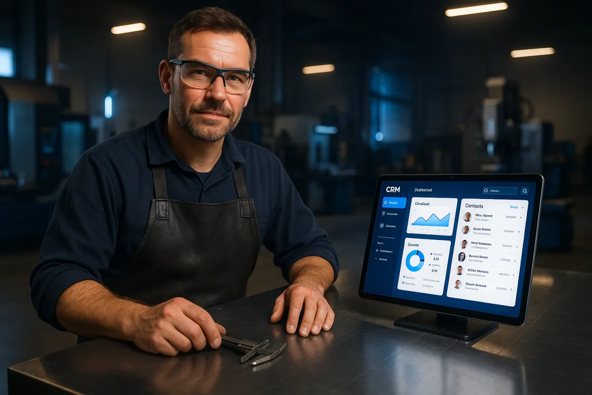 Metallbauer in moderner Werkstatt mit CRM-Dashboard auf Tablet – Bestes CRM für Metallbauer 2026 GoHighLevel