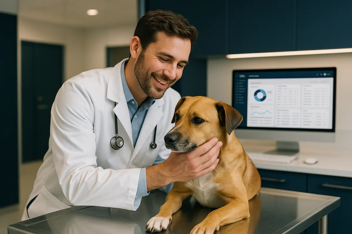 Tierärztin untersucht Hund in moderner Tierarztpraxis mit CRM-Dashboard im Hintergrund – Bestes CRM für Tierärzte 2026 GoHighLevel