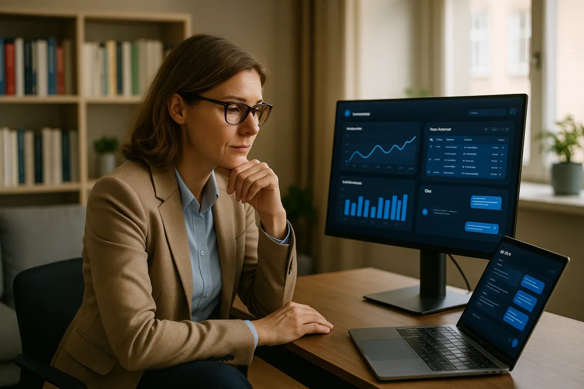 Psychologin an modernem Schreibtisch mit KI-CRM-Dashboard – Bestes KI-Tool für Psychologen 2026 GoHighLevel