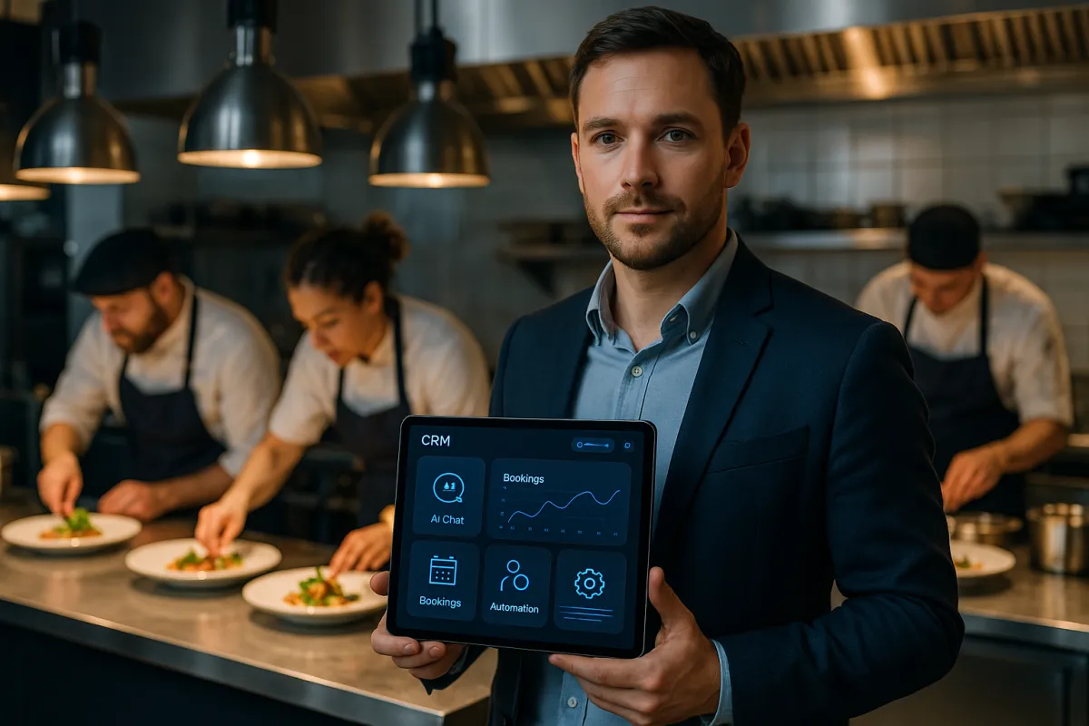 Restaurant-Manager hält Tablet mit KI-CRM-Dashboard in moderner Restaurantküche – Bestes KI-Tool für Restaurants 2026 GoHighLevel