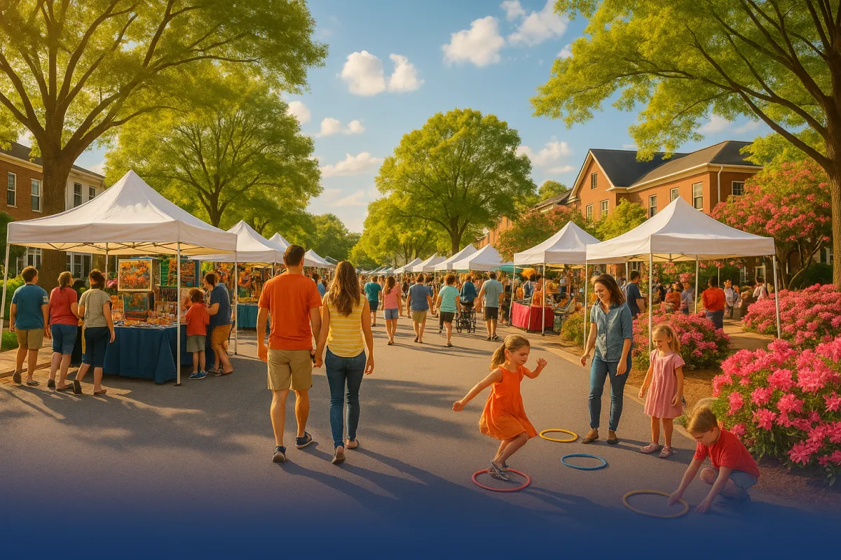 Families enjoying a vibrant spring outdoor festival in Cobb County Georgia with vendor tents, blooming flowers and blue skies