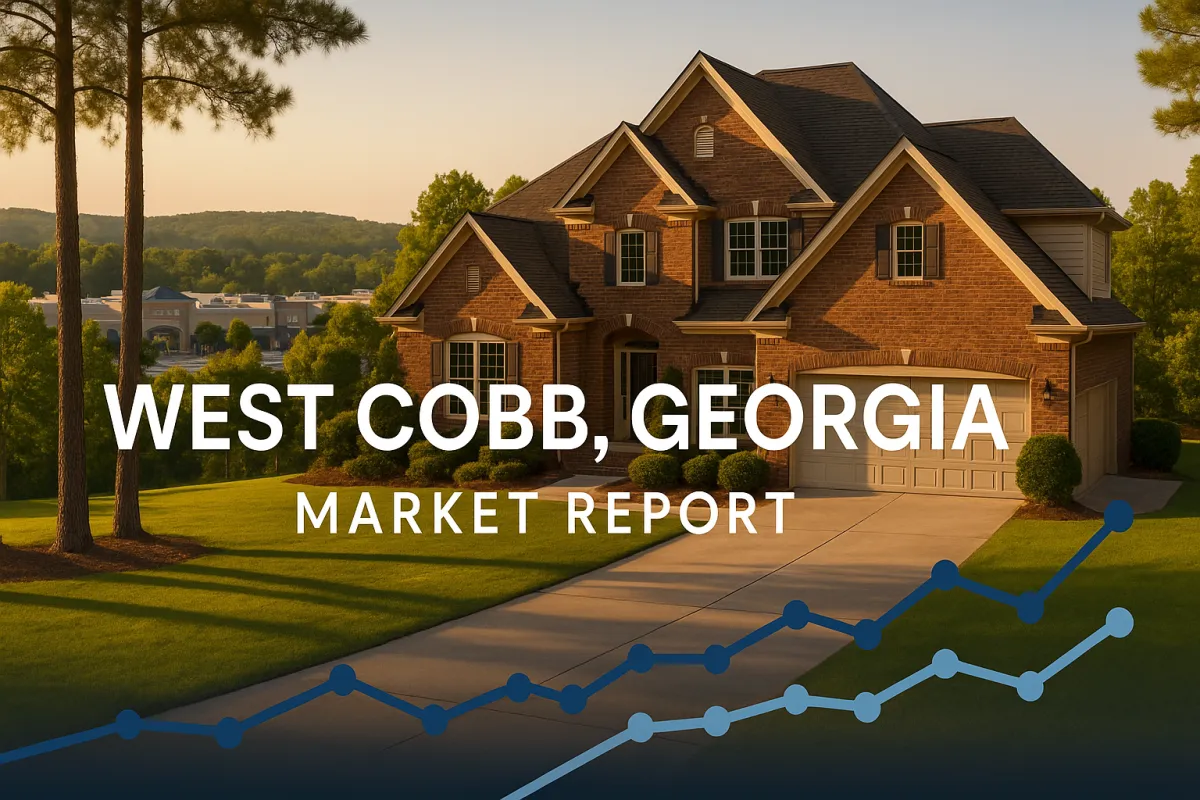 Brick home in West Cobb GA with market data overlay showing strong Spring 2026 real estate trends in the West Cobb housing market