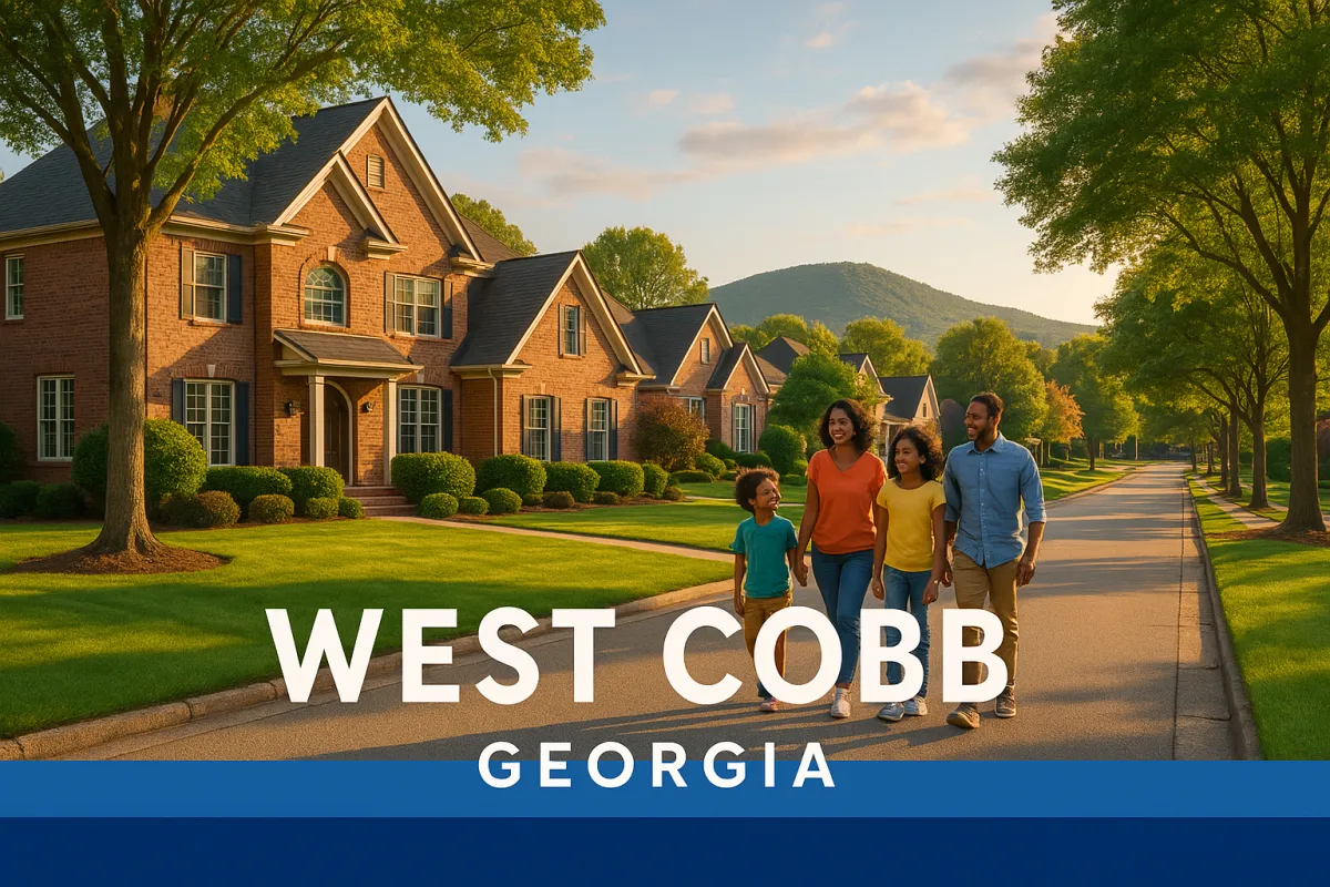 Beautiful tree-lined suburban neighborhood in West Cobb GA with brick homes and Kennesaw Mountain in the background representing family-friendly living in NW Metro Atlanta