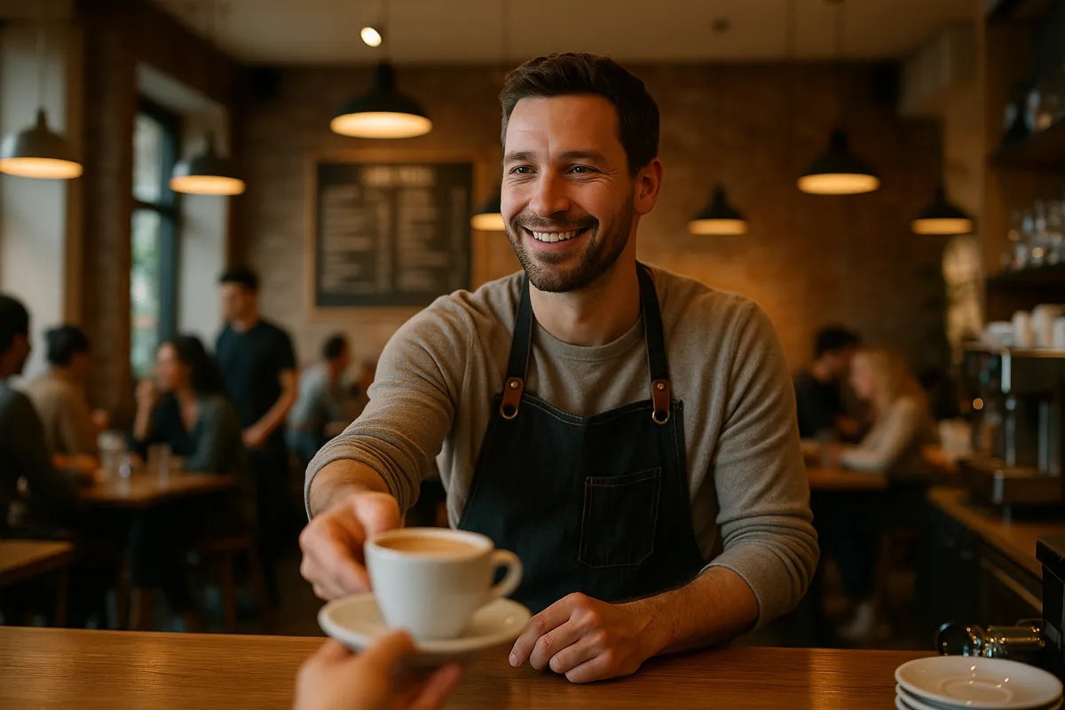 Café-Betreiber im laufenden Betrieb mit Gästen – Bestes KI-Tool für Cafés 2026 GoHighLevel