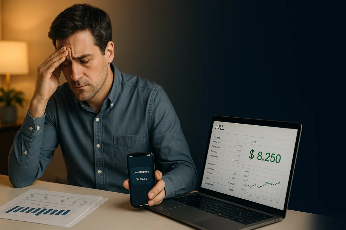 Business owner reviewing financial documents at desk with navy blue and gold tones