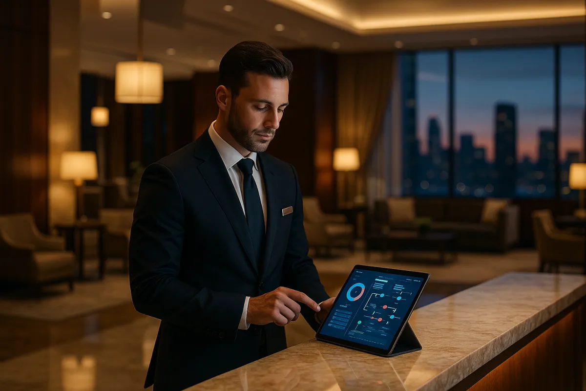 Hotel-Manager mit KI-Dashboard an moderner Luxushotel-Rezeption – Bestes KI-Tool fuer Hotels 2026 GoHighLevel