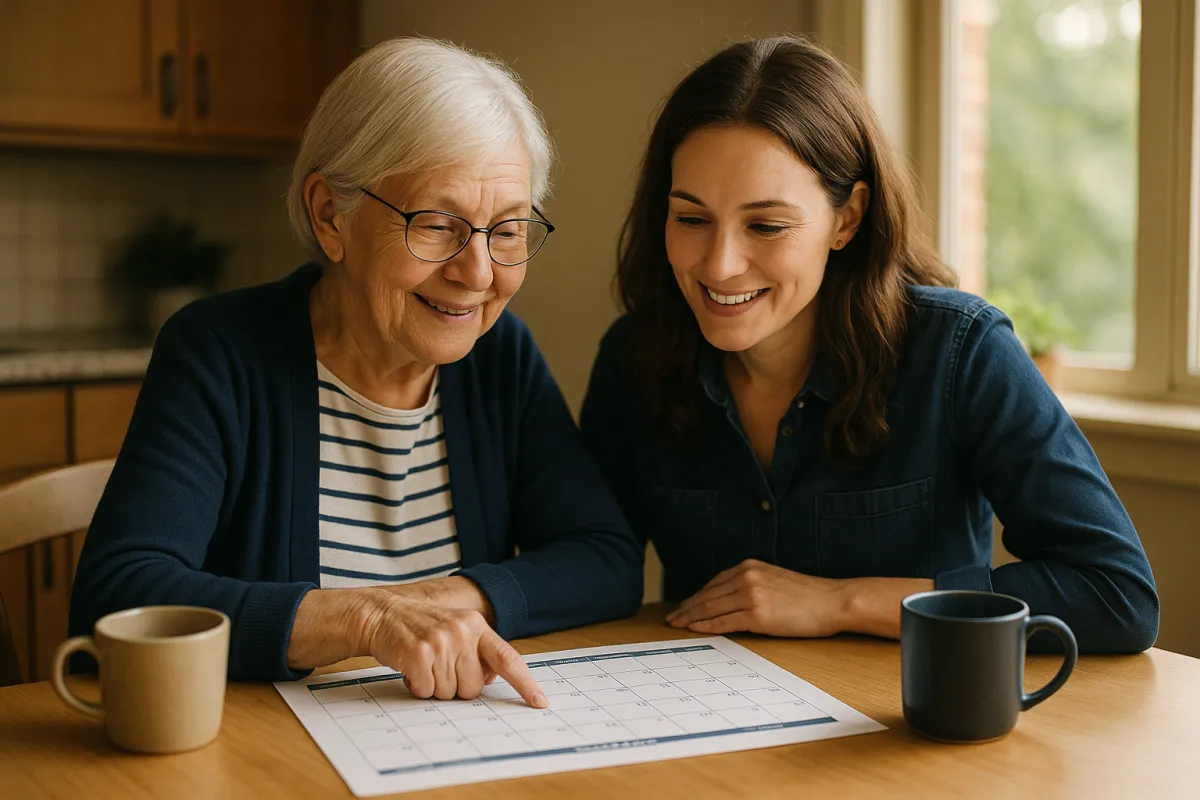Adult daughter and elderly Minnesota mother reviewing a detailed 12-month rightsizing planning calendar together at a kitchen table