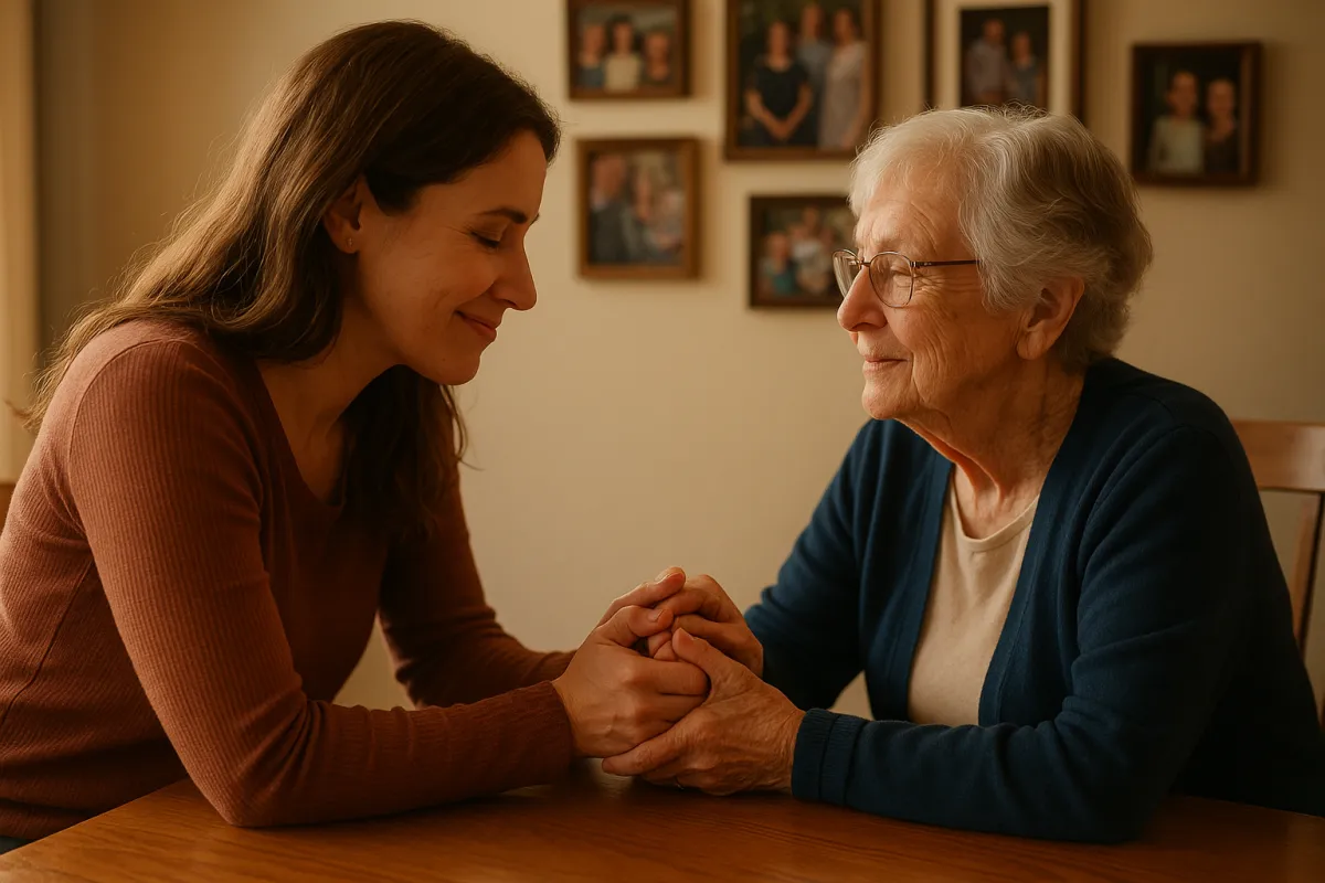 Adult daughter gently holding her elderly Minnesota mother's hands across a kitchen table, a tender moment of emotional connection during the rightsizing journey