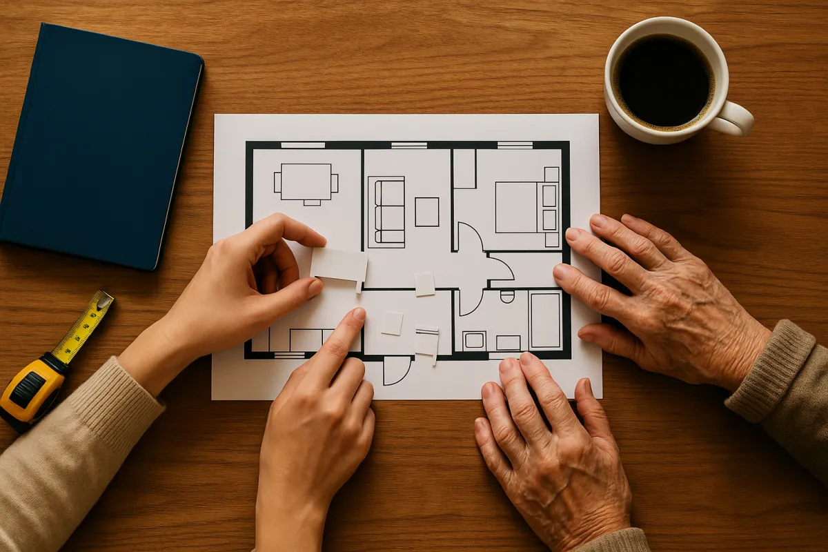 Close overhead shot of hands arranging small furniture cutouts on a printed floor plan diagram on a wooden table, planning a Minnesota senior's right-sized new home layout