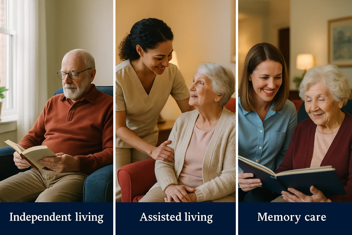 Three senior living settings side by side — independent living, assisted living, and memory care — showing the different levels of care available to Minnesota seniors