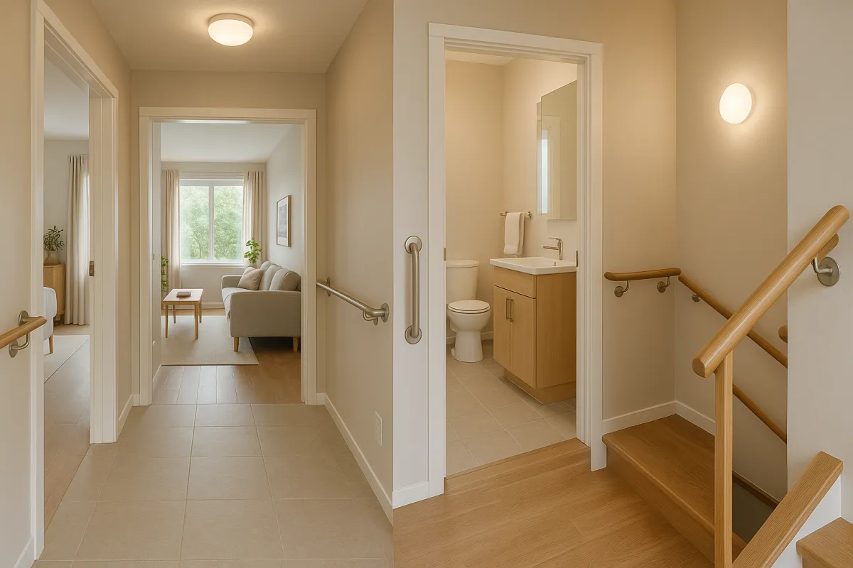 Modern Minnesota home interior with aging-in-place modifications including grab bars, lever handles, and wide accessible doorways