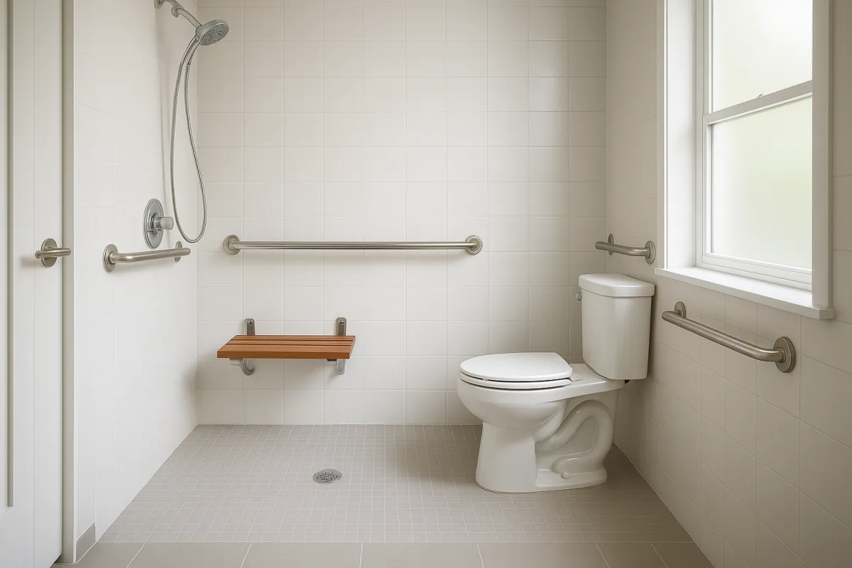 Modern accessible bathroom with walk-in shower, grab bars, fold-down bench and slip-resistant flooring for Minnesota seniors aging in place