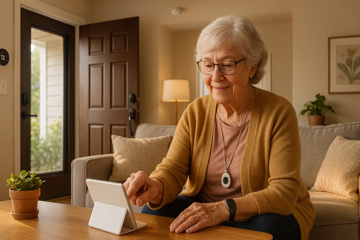 Minnesota senior woman using a smart home voice assistant device in a bright, modern living room for safe independent living