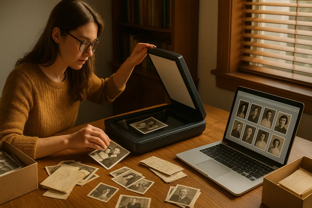 Adult daughter carefully scanning vintage family photographs at a desk with shoeboxes of old prints and letters during Minnesota rightsizing