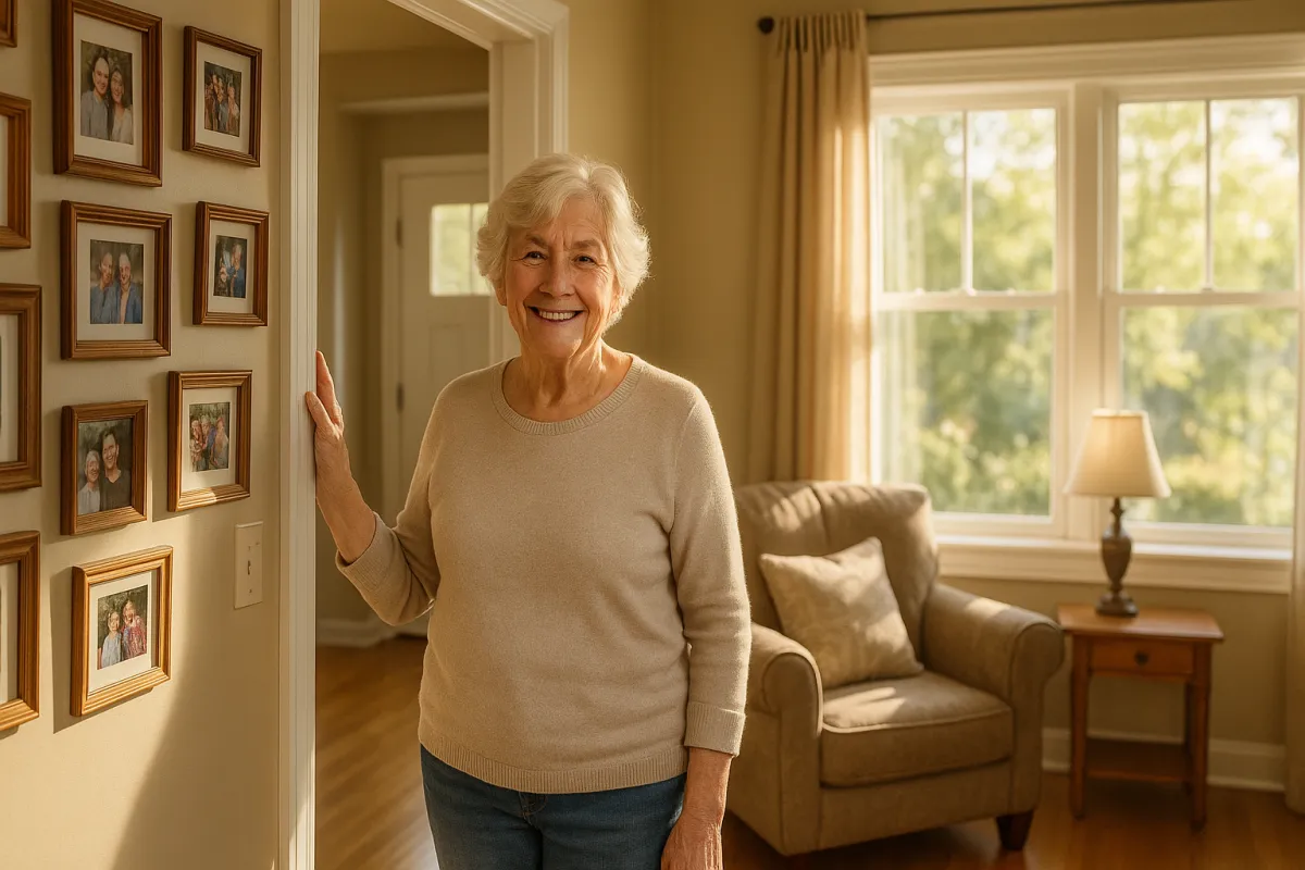 Happy Minnesota senior woman standing in the doorway of her bright welcoming new right-sized home surrounded by family photos
