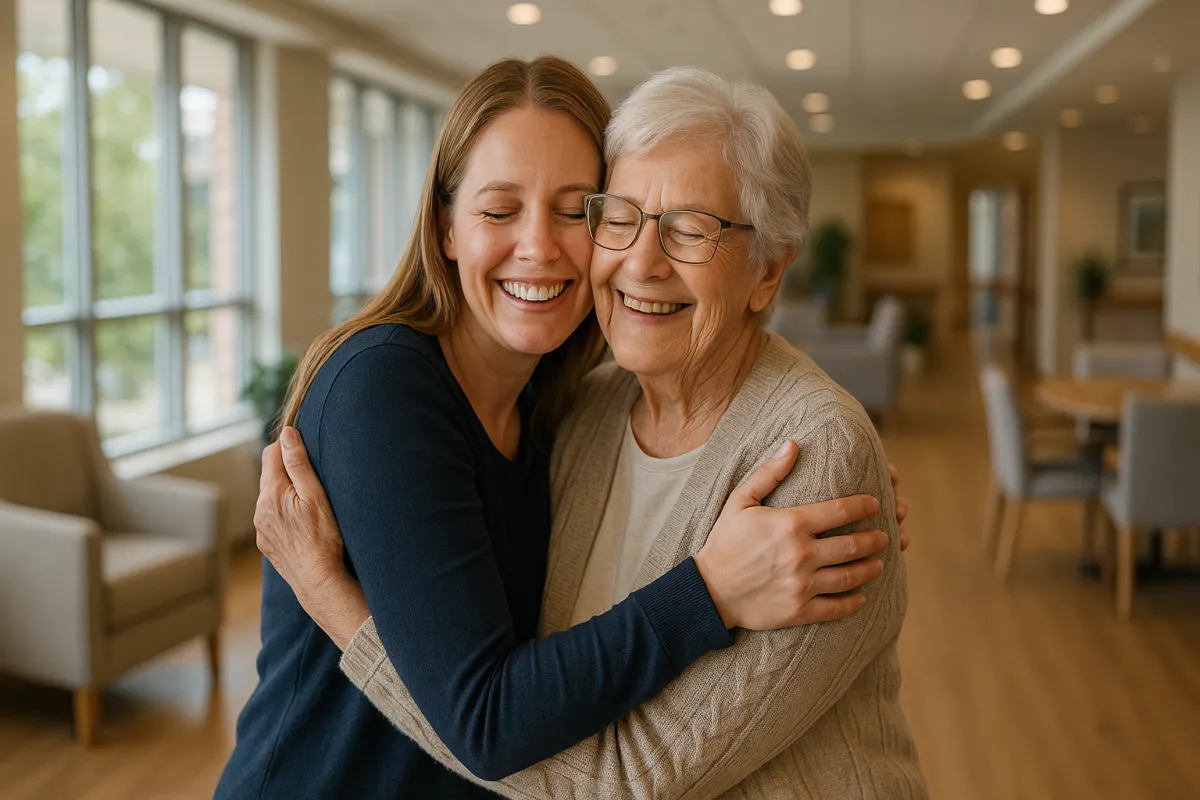 Minnesota adult daughter and her elderly mother sharing a peaceful relieved embrace in a bright senior living community after a hard decision led to a better life