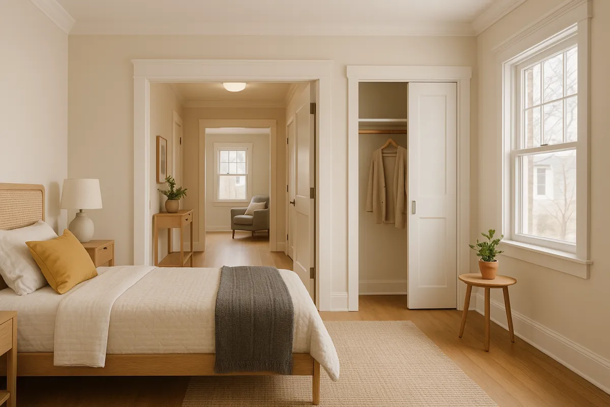 Bright accessible Minnesota home main floor bedroom conversion with wide doorway and comfortable layout for aging in place