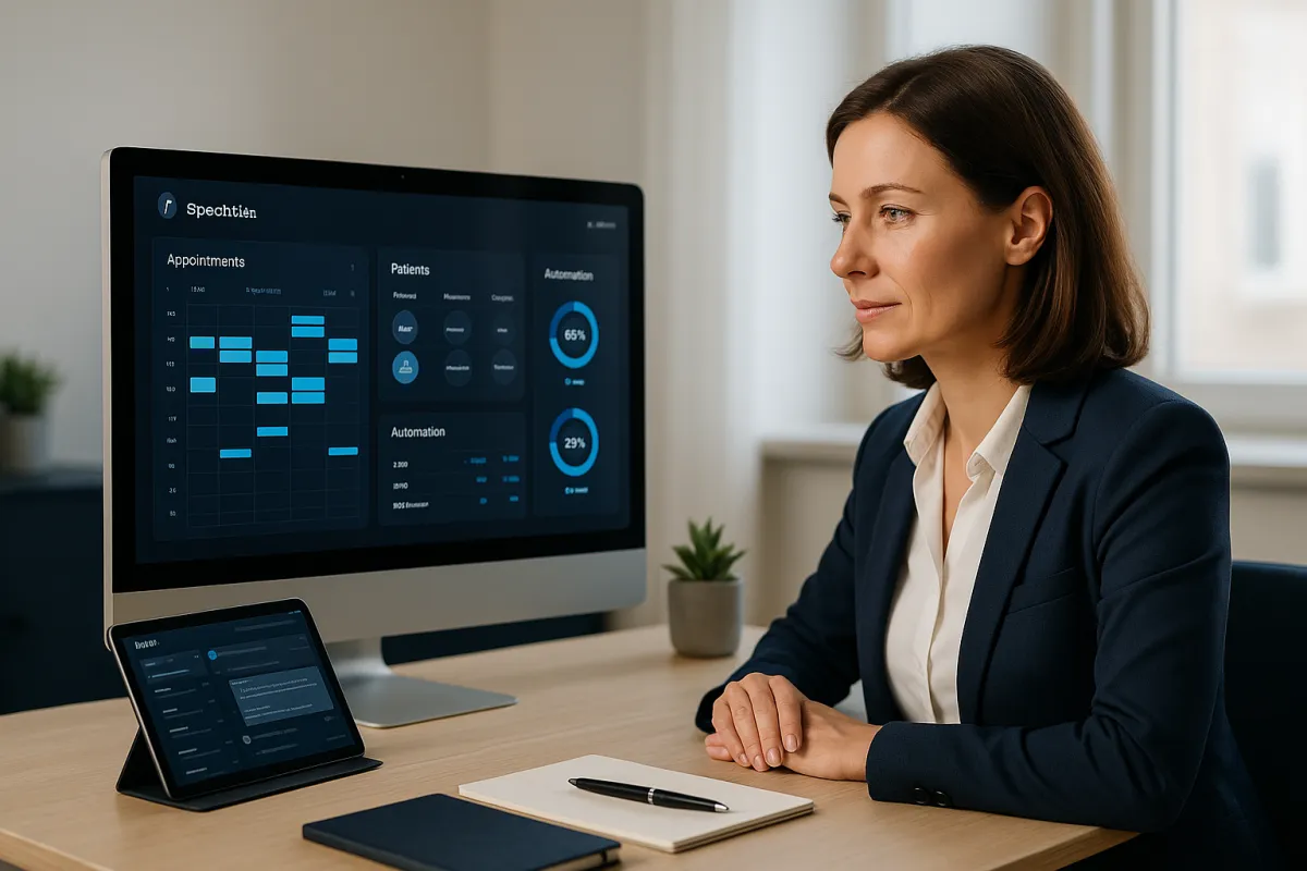 Logopädin mit CRM-Dashboard am Schreibtisch – Bestes CRM für Logopäden 2026 GoHighLevel