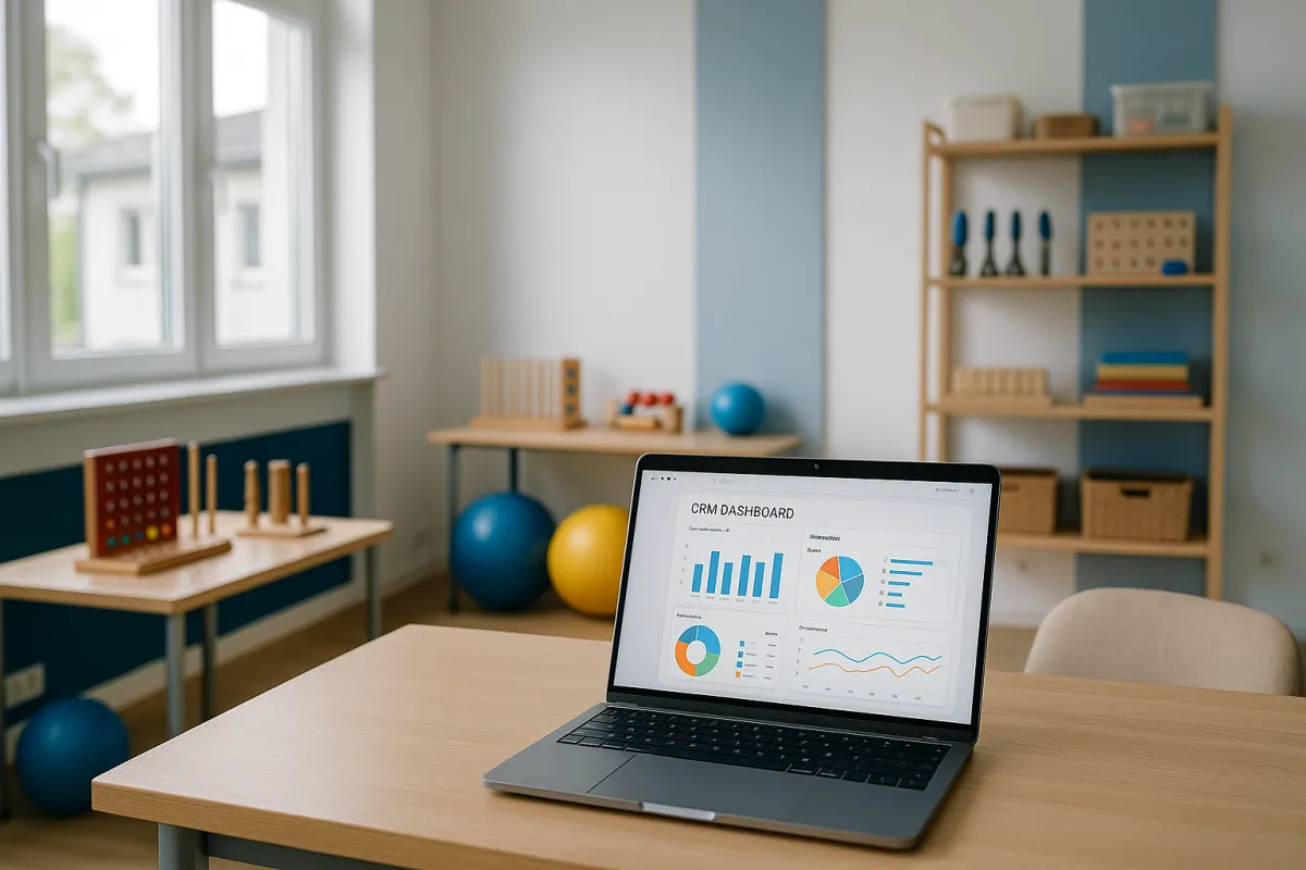 Ergotherapeutin am Schreibtisch mit CRM-Dashboard auf Laptop – Bestes CRM für Ergotherapeuten 2026 GoHighLevel