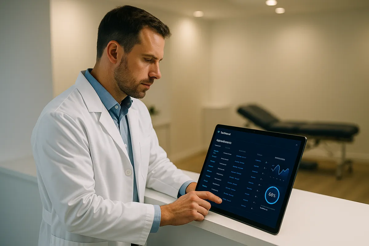 Chiropraktiker am Schreibtisch mit CRM-Dashboard auf modernem Tablet – Bestes CRM für Chiropraktiker 2026 GoHighLevel