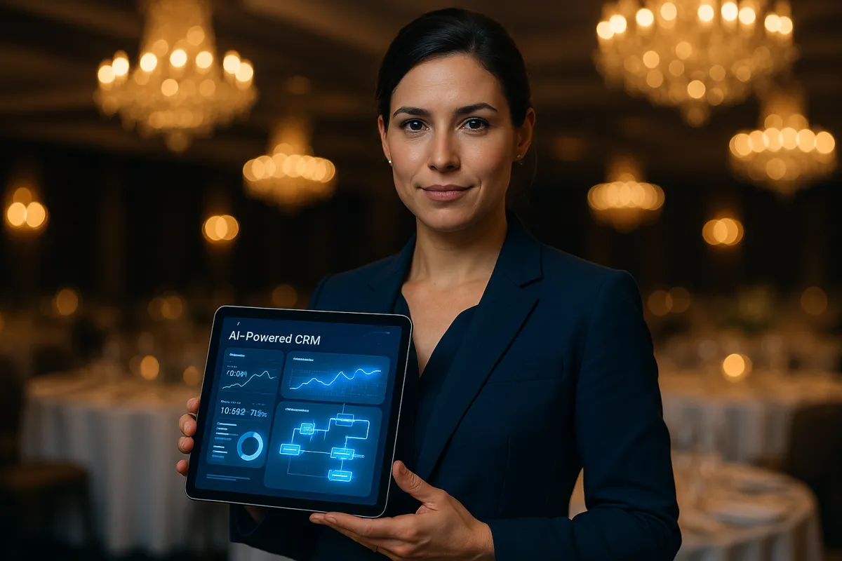 Eventplanerin mit KI-Dashboard im festlich dekorierten Veranstaltungssaal – Bestes KI-Tool für Eventplaner 2026 GoHighLevel