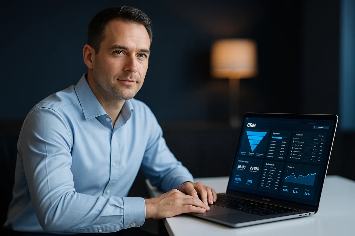 Business Coach am modernen Schreibtisch mit CRM-Dashboard auf Laptop – Bestes CRM für Business Coaches 2026 GoHighLevel
