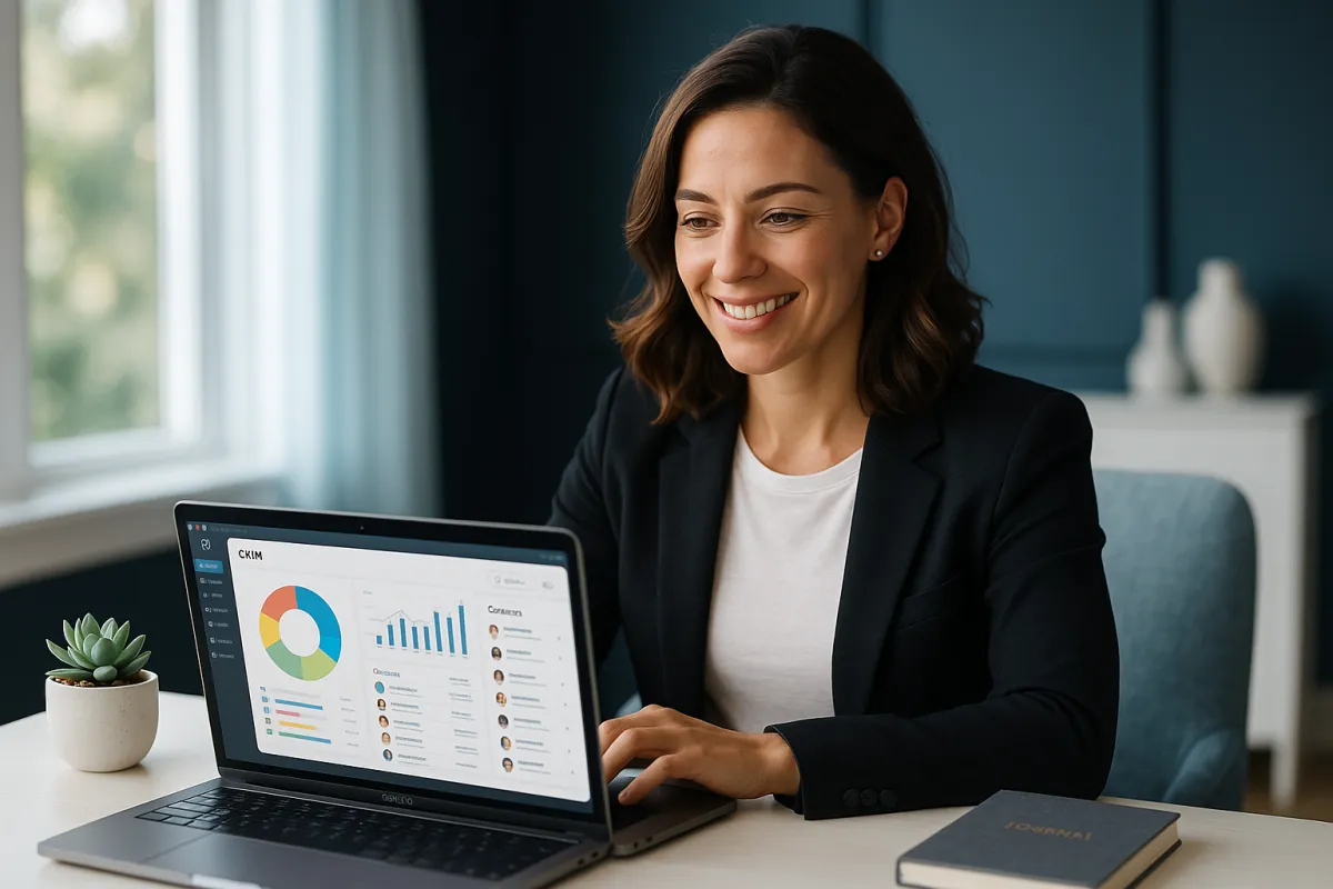 Mindset Coach am modernen Schreibtisch mit CRM-Dashboard auf Laptop – Bestes CRM für Mindset Coaches 2026 GoHighLevel