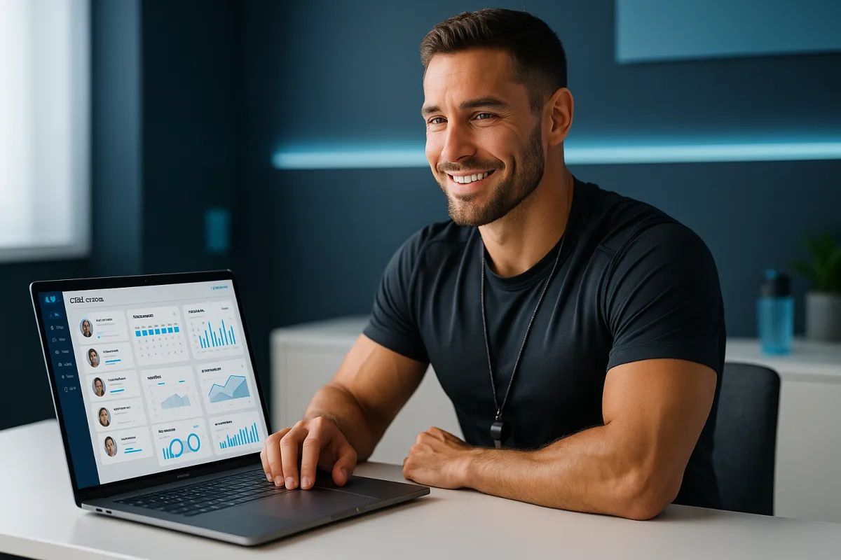 Fitness Coach am modernen Schreibtisch mit CRM-Dashboard auf Laptop – Bestes CRM für Fitness Coaches 2026 GoHighLevel