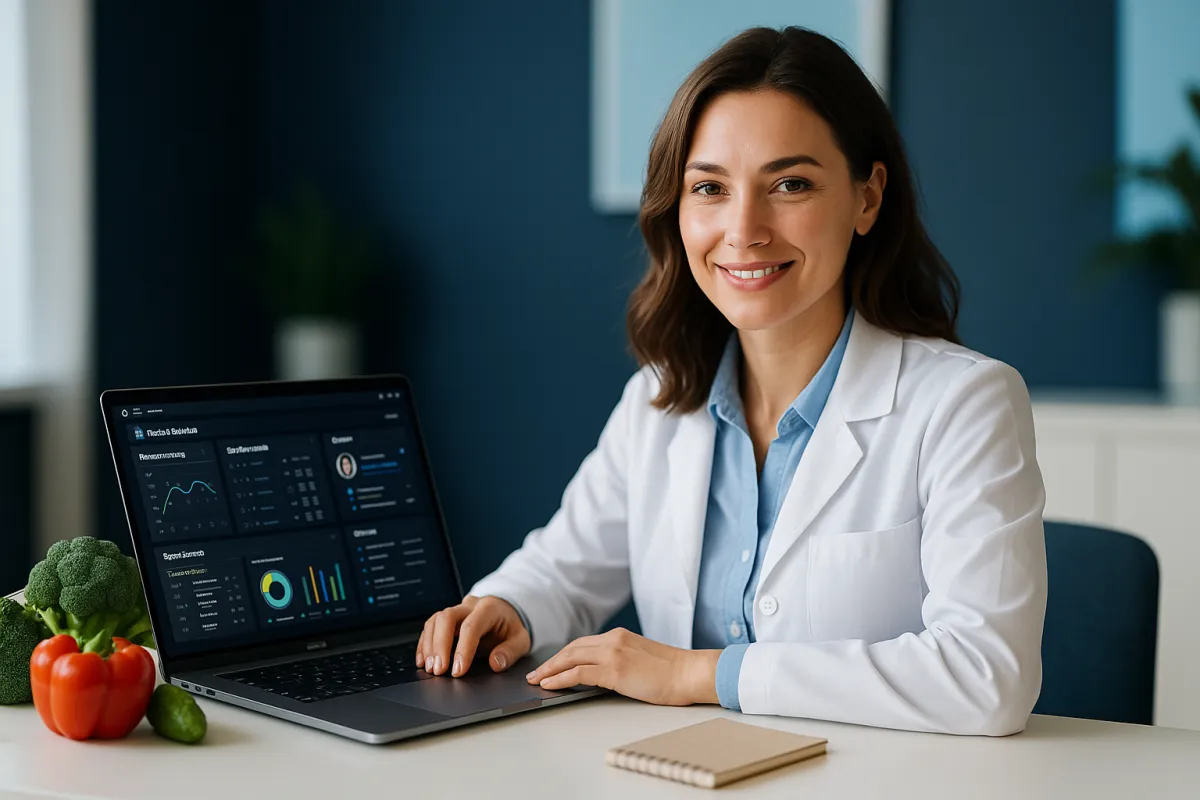 Ernährungsberaterin am modernen Schreibtisch mit CRM-Dashboard auf Laptop – Bestes CRM für Ernährungsberater 2026 GoHighLevel