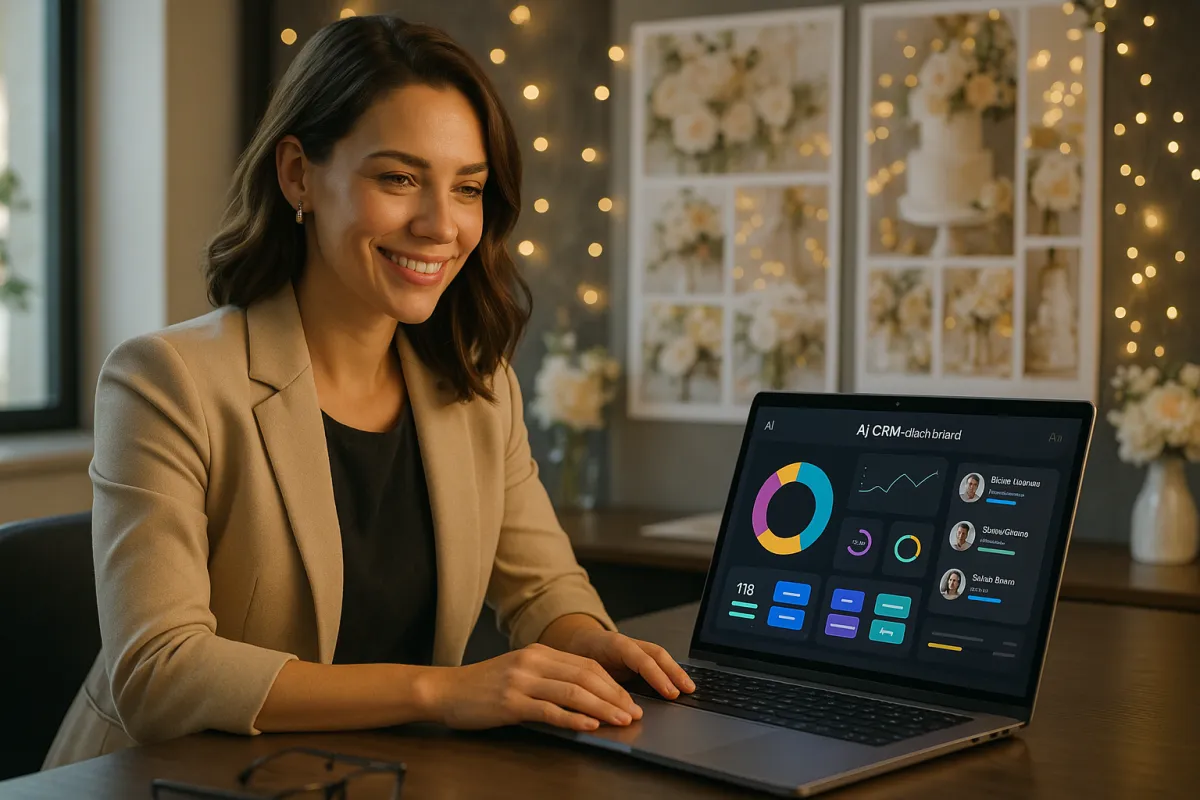 Hochzeitsplanerin am modernen Schreibtisch mit KI-CRM-Dashboard auf Laptop – Bestes KI-Tool für Hochzeitsplaner 2026 GoHighLevel
