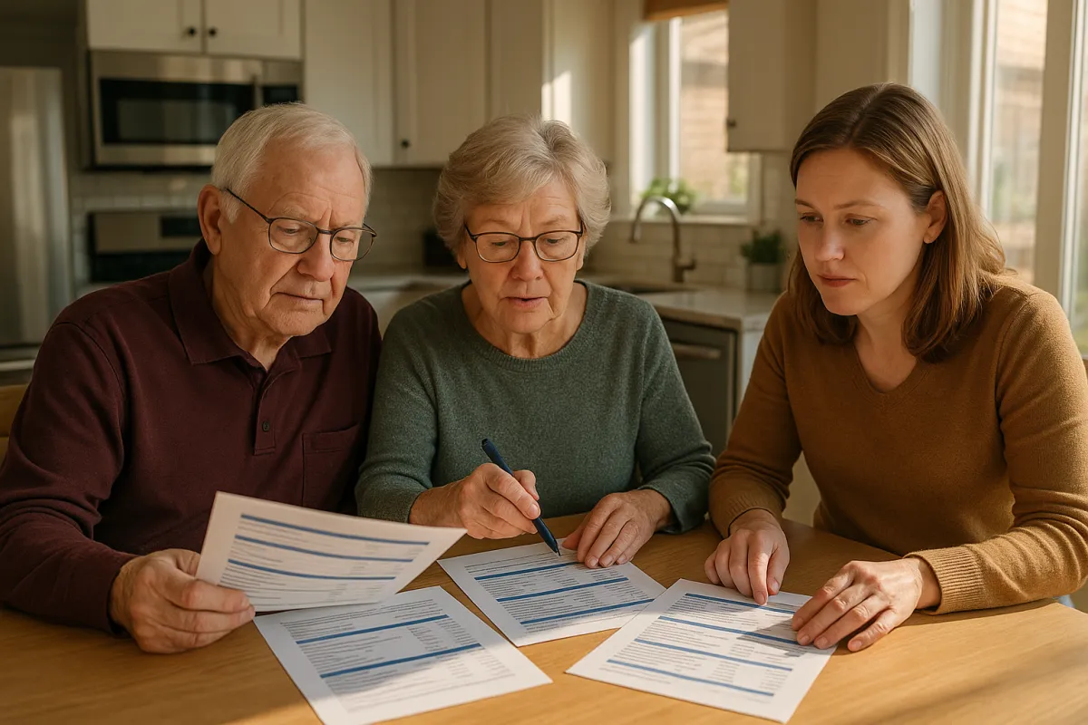 Minnesota senior couple and their adult daughter carefully reviewing retirement community fee schedules and budget worksheets at a kitchen table in warm afternoon natural light