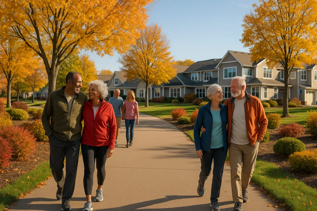 Active senior couples walking together on a well-maintained pathway through a beautifully landscaped 55+ active adult community in Minnesota with autumn foliage and modern townhomes visible in background