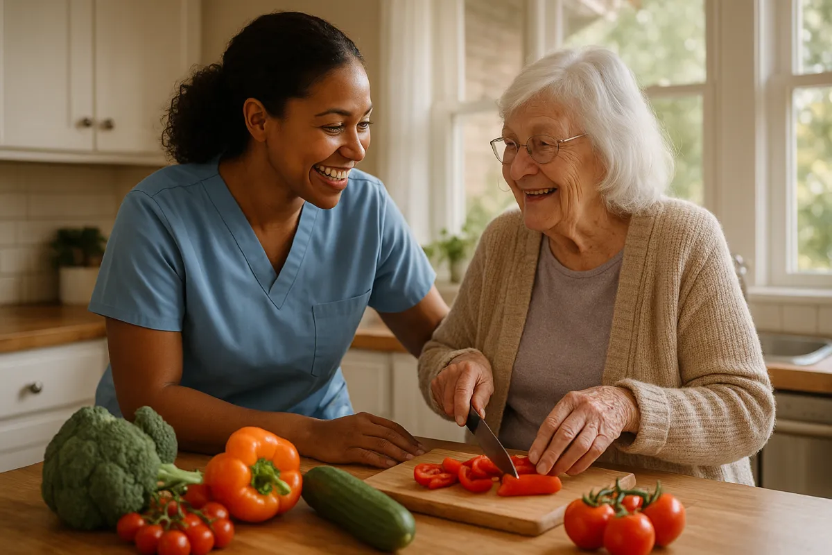 Warm compassionate home care aide in professional scrubs helping a Minnesota senior woman prepare a healthy meal together in a bright home kitchen with genuine warmth and connection between them
