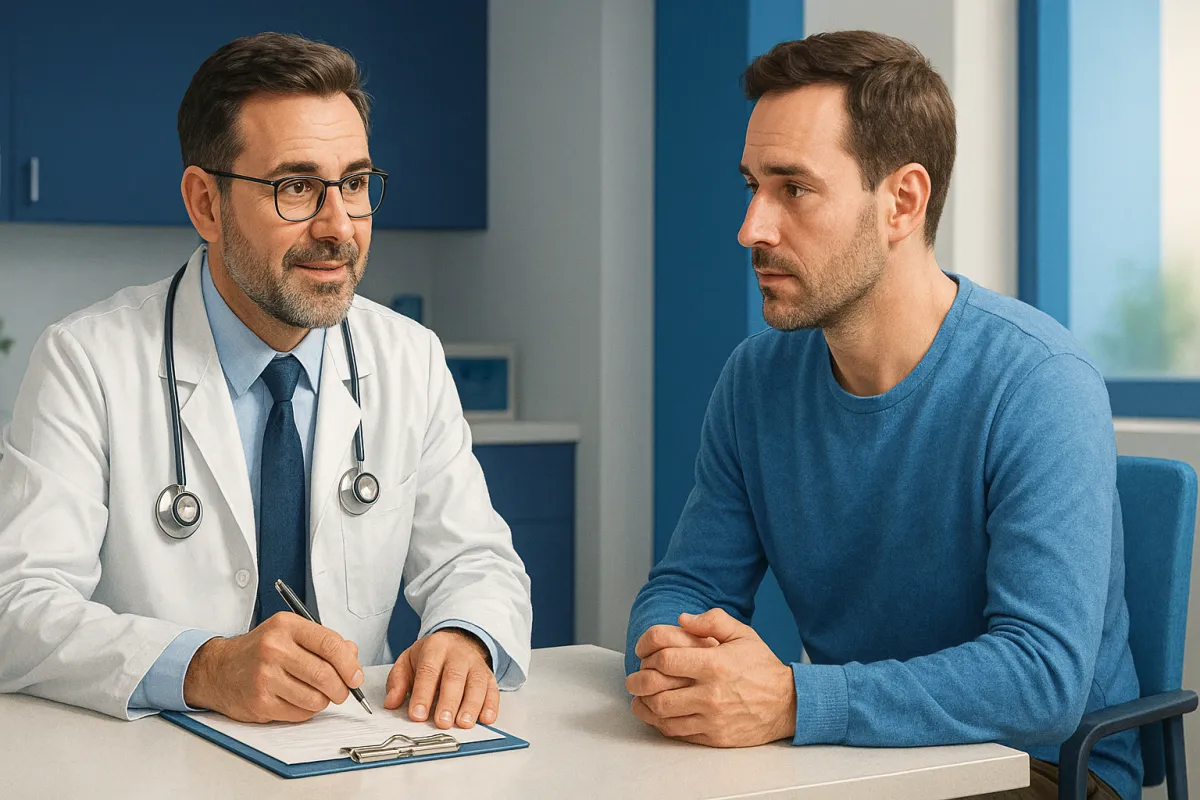 Médico urólogo consultando con paciente masculino sobre VPH en clínica moderna en Guayaquil