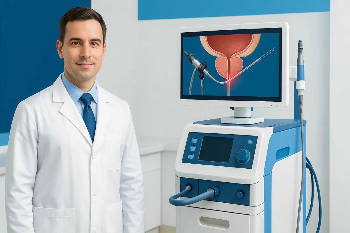 Dr. Fernando Hernández urólogo en Guayaquil junto a equipo médico moderno para cirugía de próstata con láser HoLEP