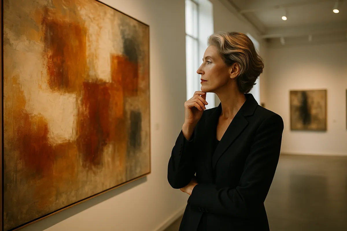 Frau betrachtet ein großformatiges abstraktes Gemälde in einer hellen Galerie – Titelbild Favori Art Magazin