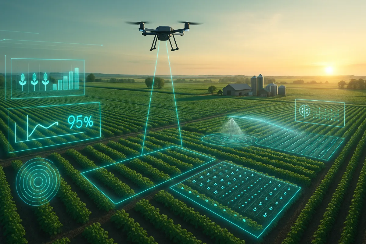AI precision farming technology with drones and sensors over a modern farm field