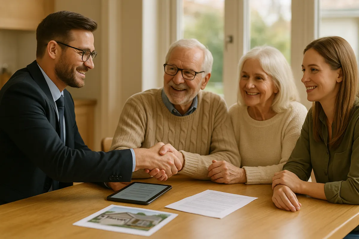 Professional real estate agent showing a Minnesota senior couple and their adult daughter home listings on a tablet at a bright kitchen table