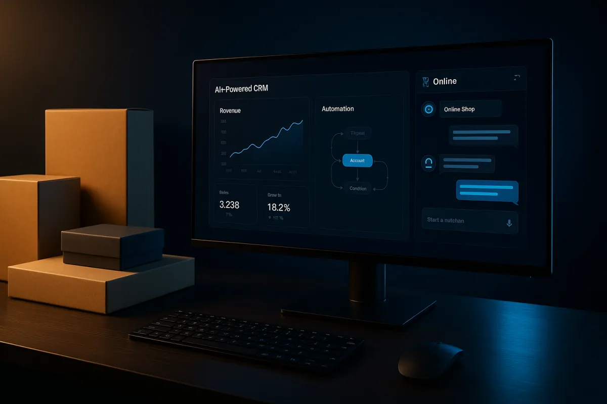 Moderner E-Commerce-Arbeitsplatz mit KI-CRM-Dashboard – Bestes KI-Tool für Online Shops 2026 GoHighLevel