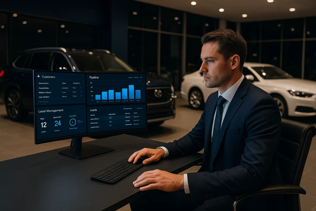 Modernes Autohaus-Showroom mit CRM-Dashboard auf einem Monitor – Bestes CRM für Autohäuser 2026