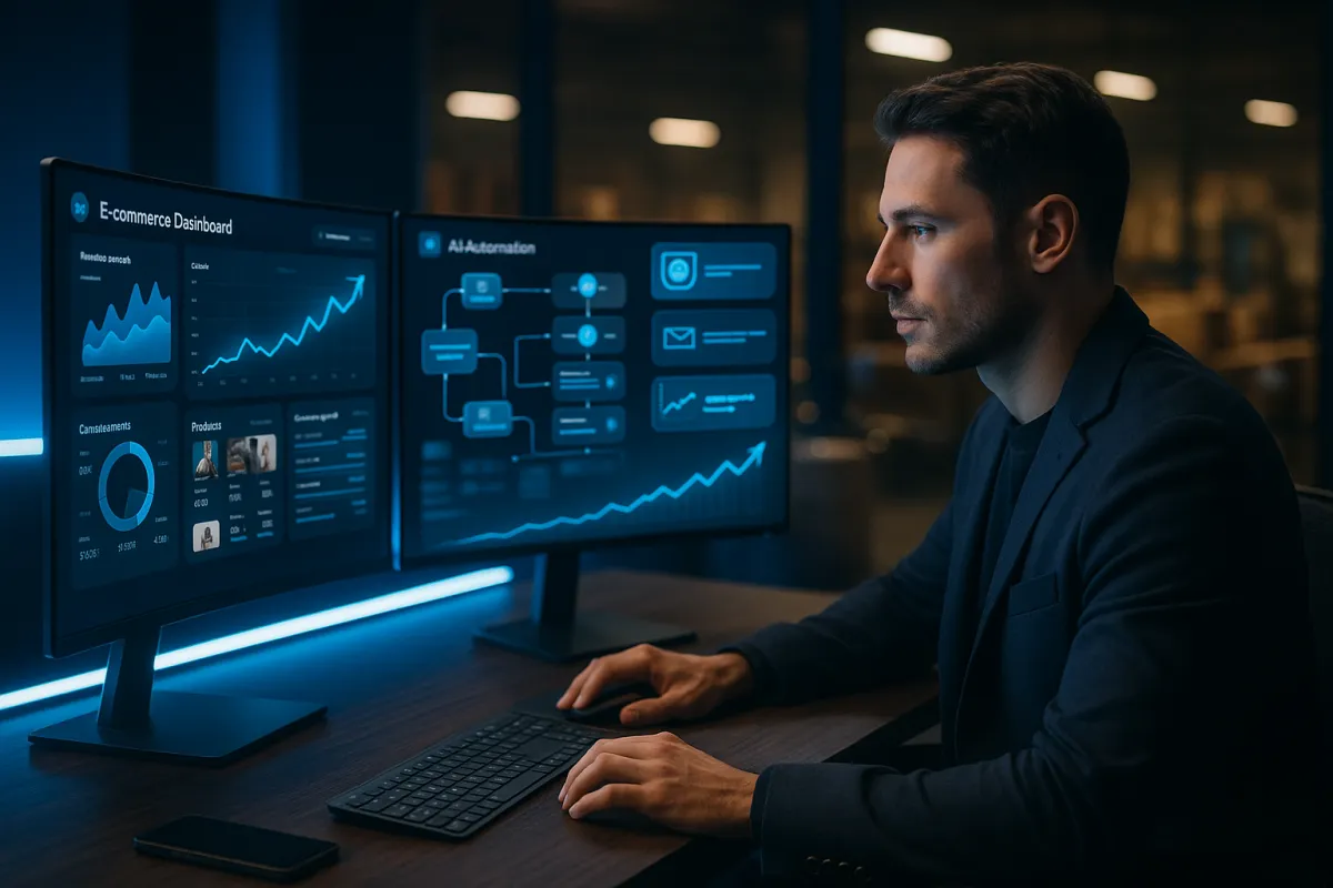 E-Commerce Arbeitsplatz mit KI-CRM-Dashboard – Bestes KI-Tool für E-Commerce 2026 GoHighLevel