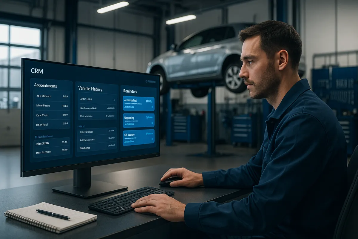 KFZ Werkstatt Servicemitarbeiter an modernem Schreibtisch mit CRM-Dashboard – Bestes CRM für KFZ Werkstätten 2026