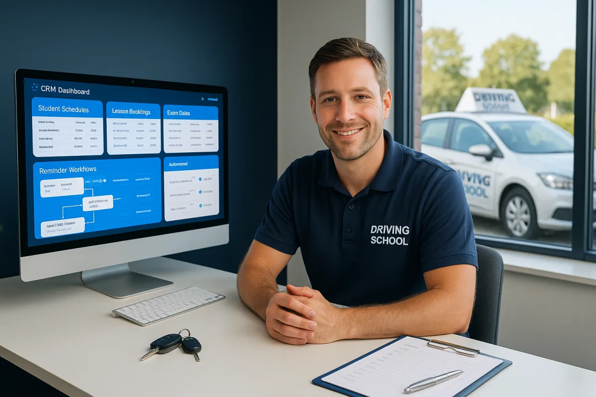 Fahrschulleiter am modernen Schreibtisch mit CRM-Dashboard und Fahrschulfahrzeug im Hintergrund – Bestes CRM für Fahrschulen 2026