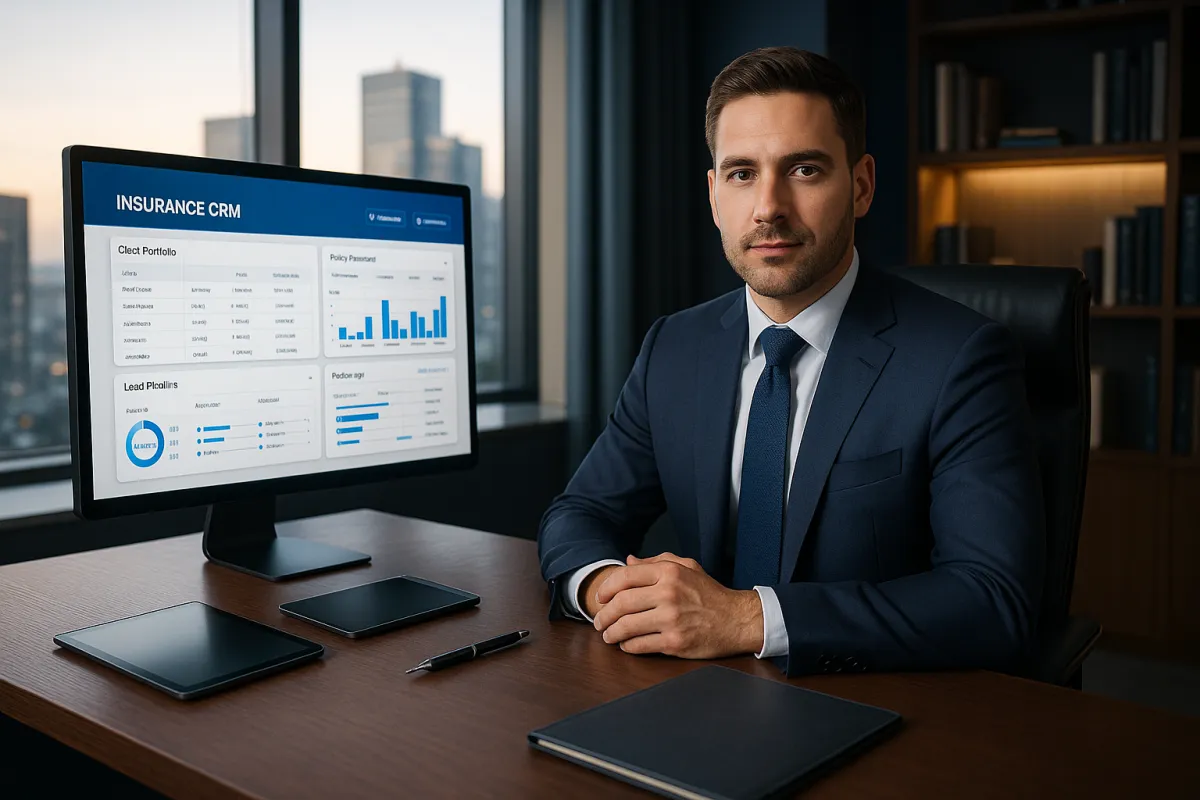 Versicherungsberater im modernen Büro mit CRM-Dashboard und Stadtpanorama – Bestes CRM für Versicherungsberater 2026