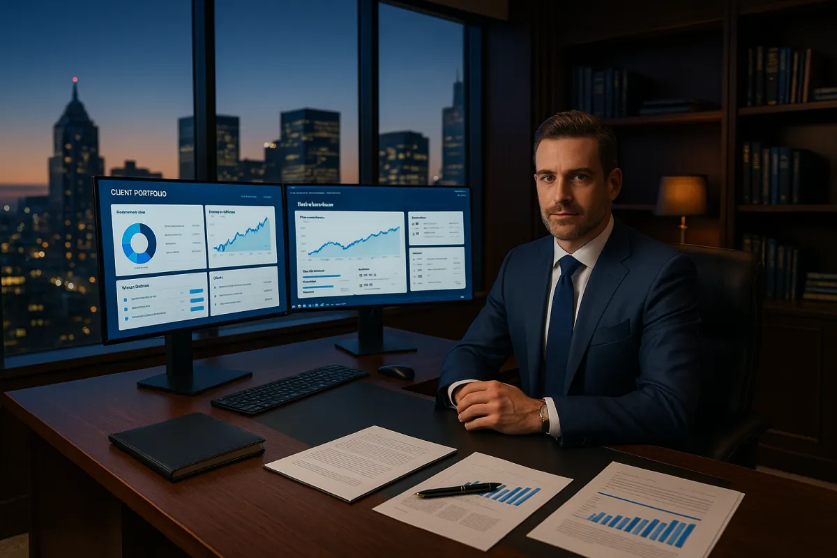 Finanzberater im Premium-Büro mit Stadtpanorama und CRM-Portfolio-Dashboard – Bestes CRM für Finanzberater 2026