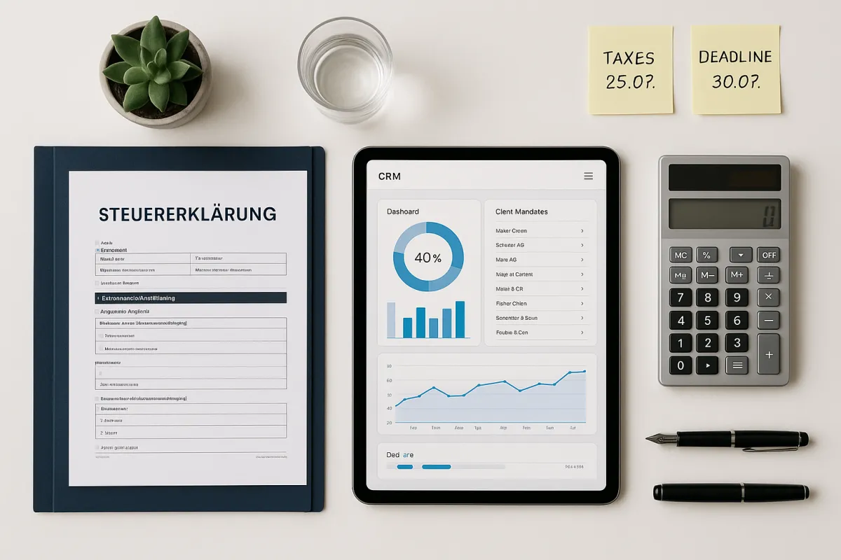 Overhead Flat-Lay eines Steuerberater-Arbeitsplatzes mit Steuerdokumenten, Tablet, CRM-Dashboard und Taschenrechner – Bestes CRM für Steuerberater 2026