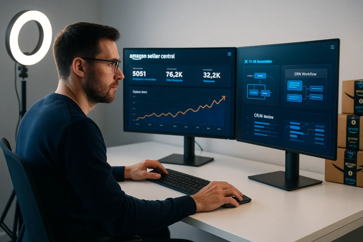 Amazon Händler Arbeitsplatz mit KI-CRM-Dashboard – Bestes KI-Tool für Amazon Händler 2026