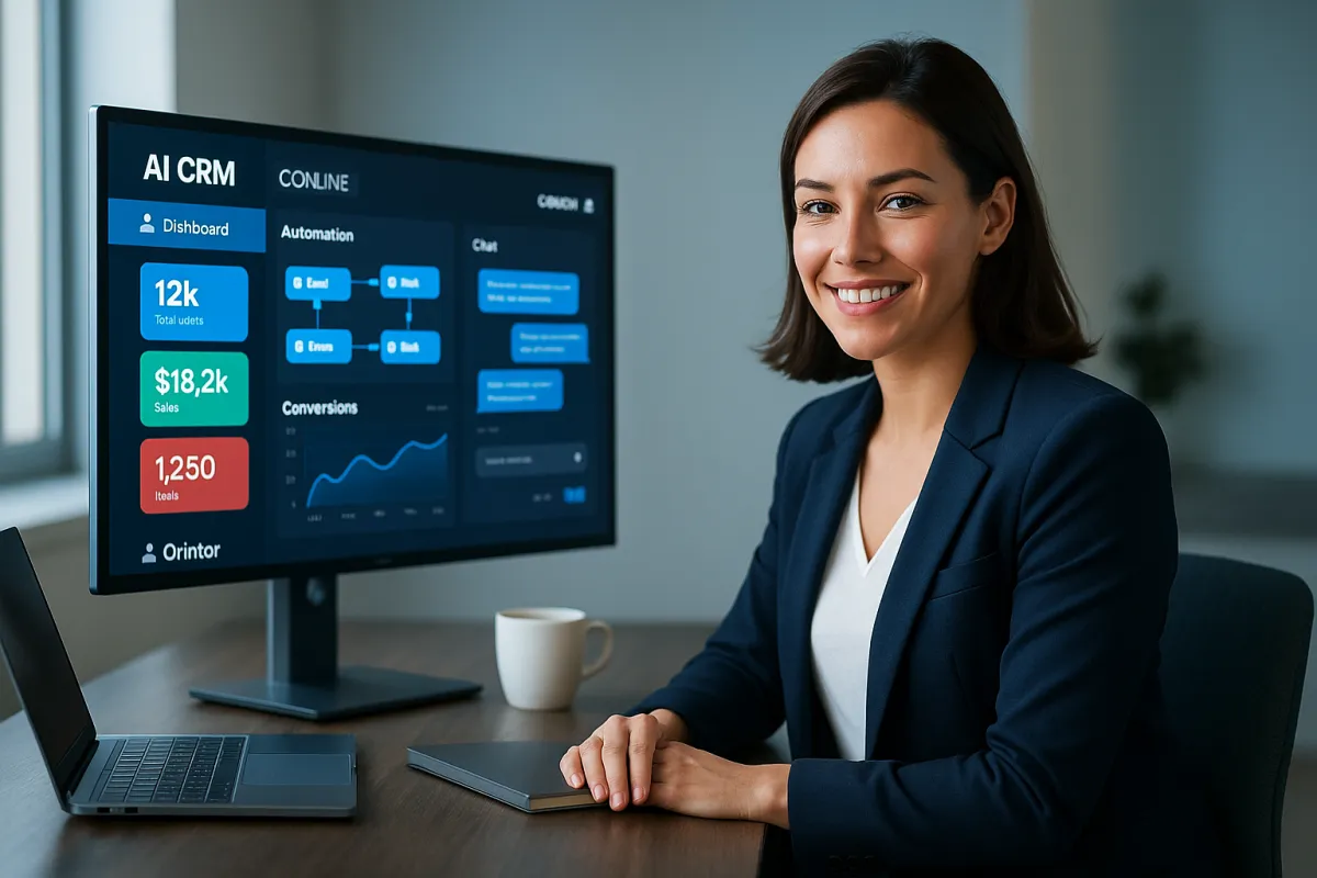 Online-Coach am modernen Arbeitsplatz mit KI-CRM-Dashboard – Bestes KI-Tool für Coaches Online 2026