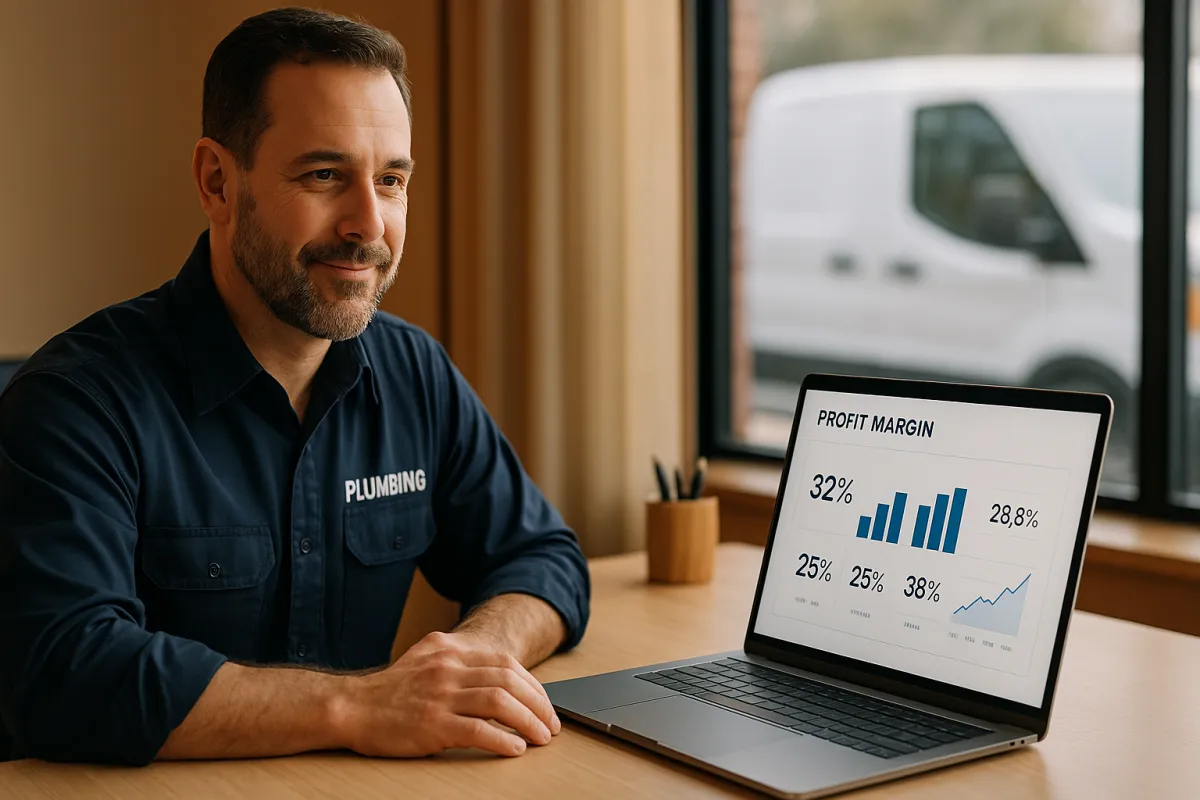 Plumbing business owner reviewing profit margin financial dashboard