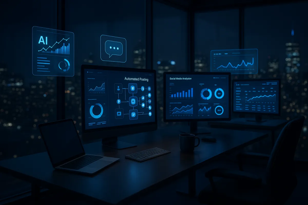 Moderner Social Media Agentur-Arbeitsplatz mit KI-Dashboard – Bestes KI-Tool für Social Media Agenturen 2026 GoHighLevel